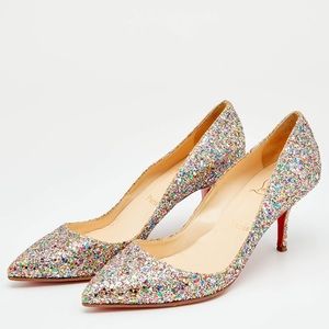 Christian Louboutin silver and rainbow glitter kitten heels.